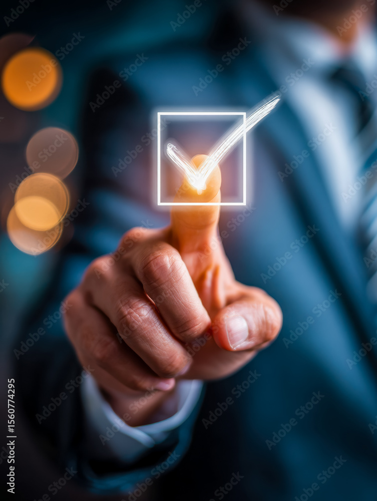 Poster finger pressing checkmark on digital checkbox for success and approval