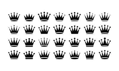 A clean and simple vector illustration design of various silhouette crown symbols, symmetrical shapes, dots, and peaks, easily editable and scalable.