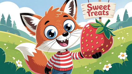 a cute fox holding a large strawberry, cartoon illustration, colorful landscape, sunny day, vibrant colors, cute and adorable, sweet treats text, vibrant, digital art