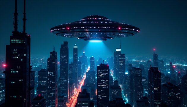 A hyper-realistic UFO spaceship hovering over the modern urban skyline at night