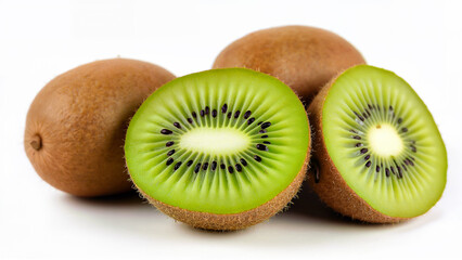 Whole and sliced kiwi fruit displayed isolated on a white background. Useful for food, nutrition, and healthy eating concepts.