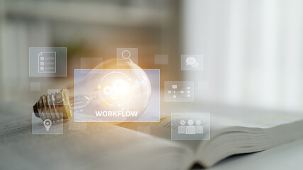Workflow optimization concept featuring interconnected gears, task management, collaboration,...