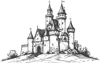 Fototapeta premium Fairytale Fortress: Hand-Drawn Castle on Hilltop