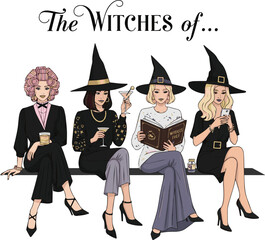 Four stylish witches enjoying drinks and reading a book women fashion