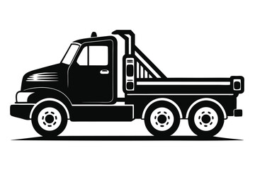 Black and White Illustration of a Three Axle Flatbed Truck with Cab and Utility Rack