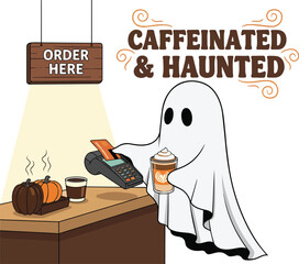 Ghost holding coffee paying with card at counter with pumpkins halloween payment