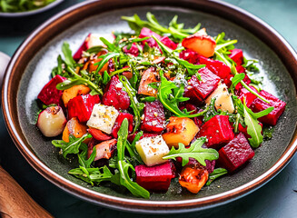 A vibrant salad featuring roasted beets, squash, and fresh greens garnished with herbs.
