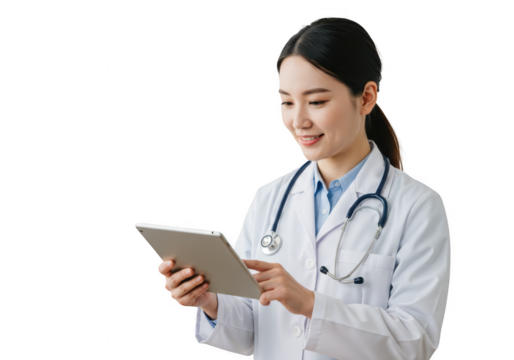 Young asian female doctor in white coat with stethoscope using tablet isolated on transparent background