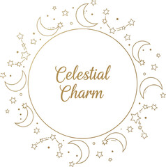 Obraz premium Golden crescent moons and stars forming a circular celestial design with elegant script constellations