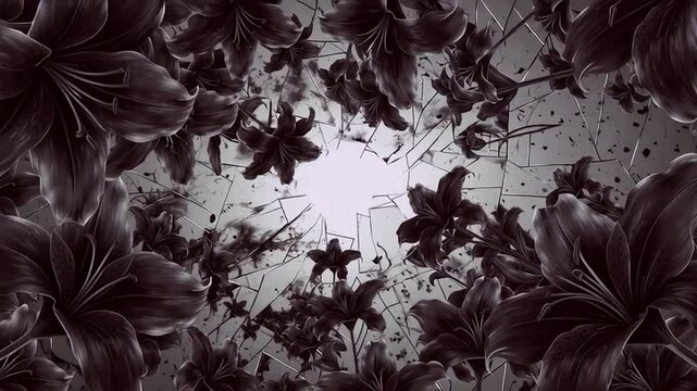 黒い花とひび割れた鏡が織りなすゴシック調ループ背景動画 generative ai