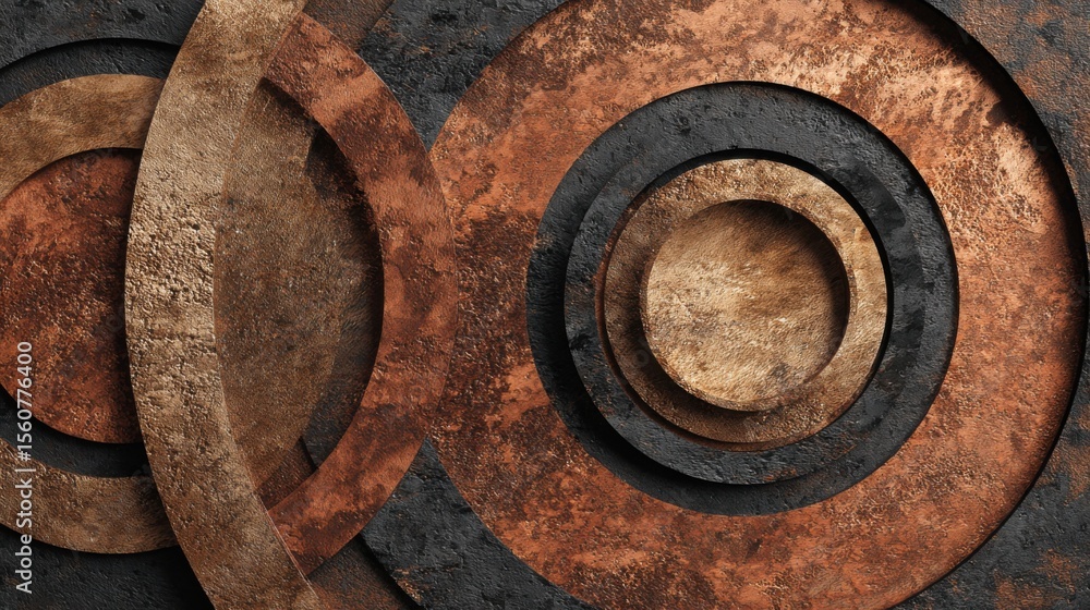 Poster intricately arranged metal circles create a stunning visual effect against a rough, dark backdrop. t