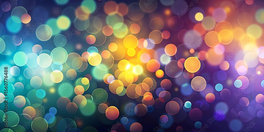 Poster abstract background of glowing colorful bokeh circles in a gradient of blue green yellow orange and 
