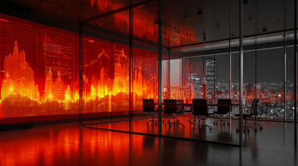 Dramatic office space with financial data visualization and city skyline view at night