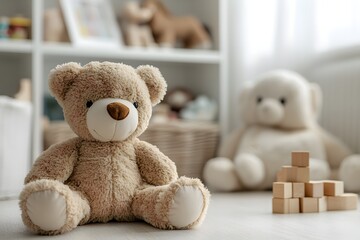 Soft teddy bear and wooden blocks in a bright playroom Generative AI