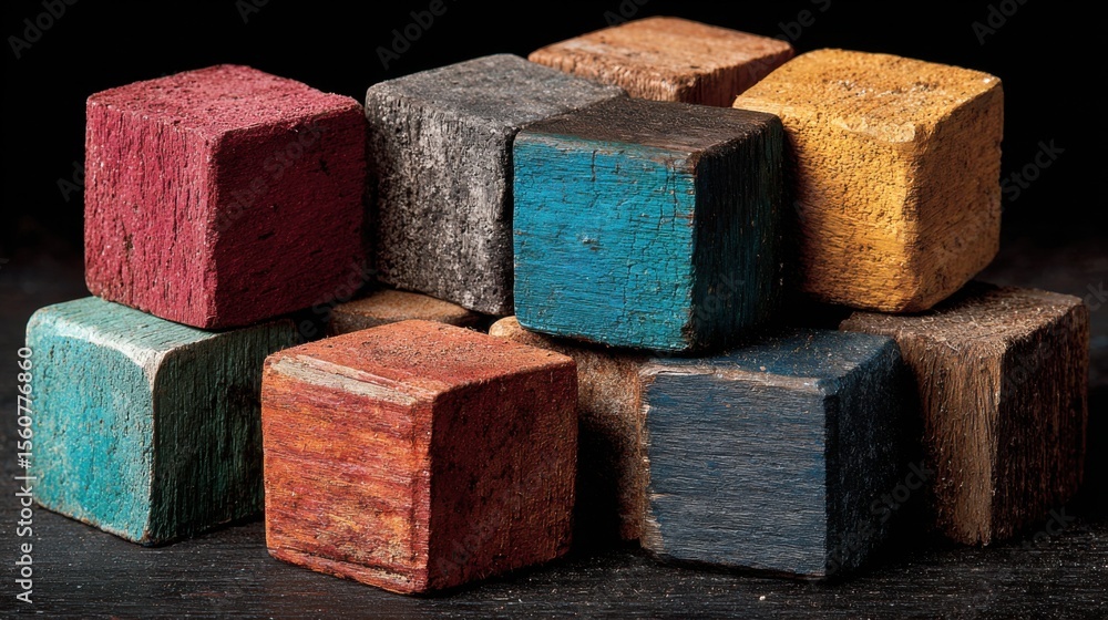 Poster a group of vibrant wooden blocks in various colors is arranged on a dark background. the blocks exhi