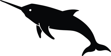 Silhouette of a narwhal marine mammal swimming gracefully with long tusk and tail © MdHabibur