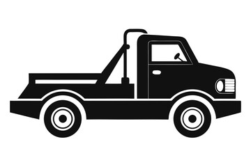 Black Silhouette of a Tow Truck, Flat Design Illustration, Side View, Isolated Vehicle Graphic