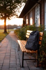 Backpack on a bench during sunset near a building Generative AI