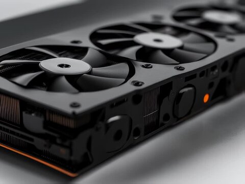 Modern Black GPU Close-Up with Cooling Fans on White Background