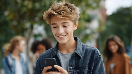 Youth engrossed in mobile device while surrounded by friends Generative AI