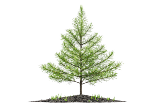 Small sapling conifer tree isolated against white background.