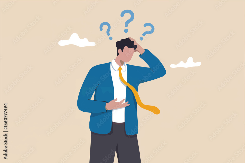 Poster confused businessman with question marks isolated on transparent background