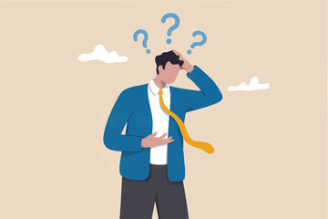 Confused businessman with question marks isolated on transparent background