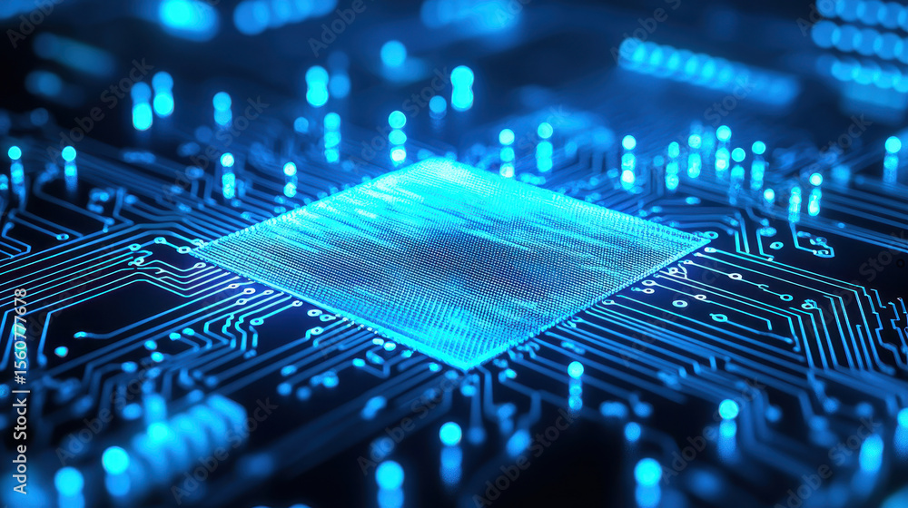 Poster close-up of a computer chip on a circuit board with glowing blue lights.