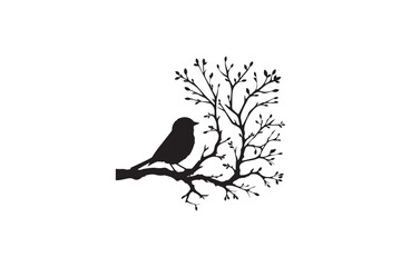A bird is siting on a branch of a  silhouette with a simple, understated design set against a white background Simple