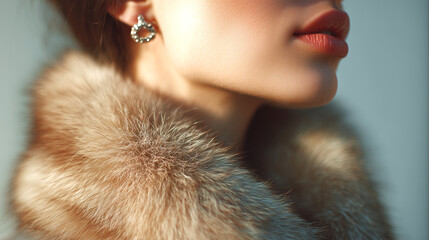 A beautiful young woman of European appearance in profile wearing a luxurious fur coat and a luxurious piece of jewelry in her ear.