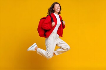 Woman jumping with a backpack on a bright yellow background Generative AI