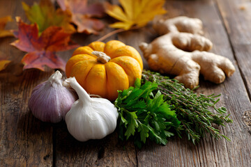 Fresh produce and herbs for boosting immunity in autumn Generative AI