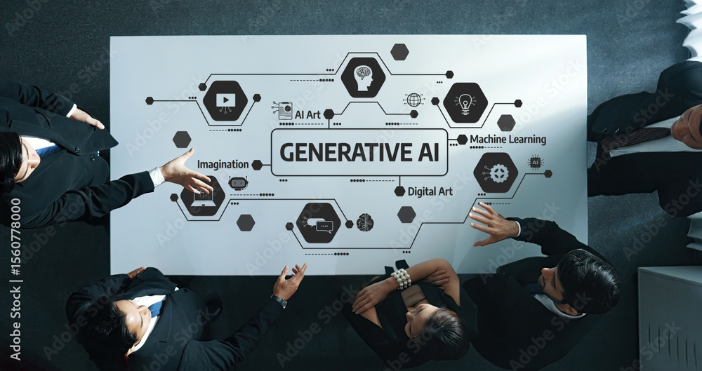 Poster a top-down view of diverse professionals at a table discussing generative ai concepts, featuring ele