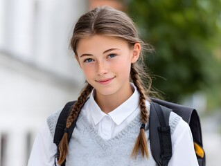 Young student with braids walking on a city street Generative AI