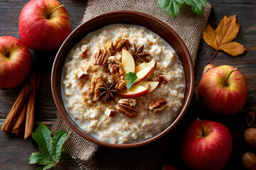 Oatmeal bowl topped with apples and nuts for immune support Generative AI