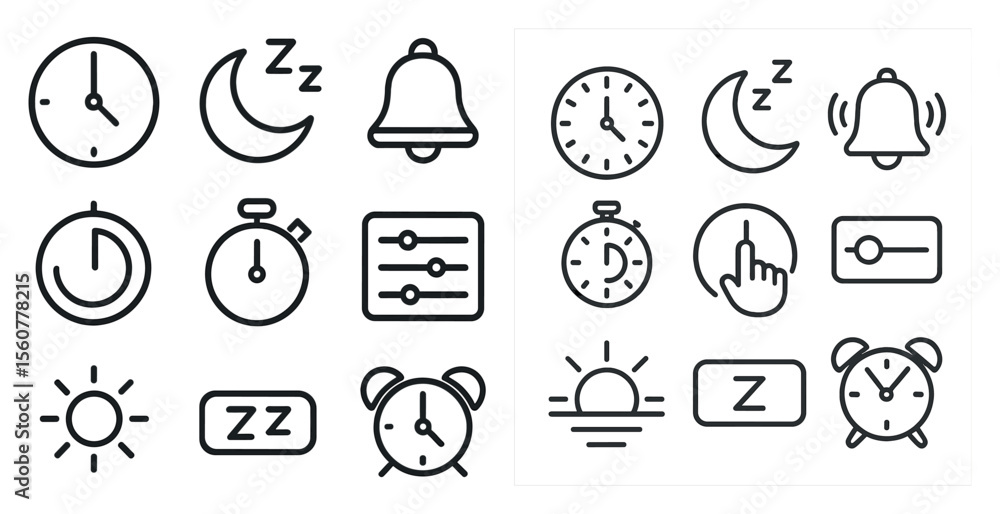 Aufkleber collection of clock icons, including a bell, a sun, and a moon. the icons are arranged in a grid, wi