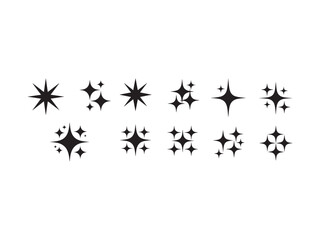 Collection of black sparkle starburst icons isolated on white background