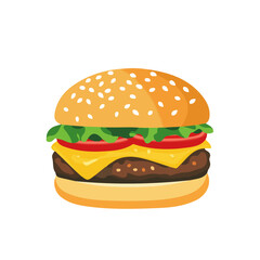 Flat 2D Burger illustration, vector graphic in icon style, on white background