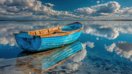 Obraz premium A weathered blue boat floats alone on still waters, mirroring fluffy clouds above at a serene lakeside. The atmosphere conveys peace and solitude during the day.