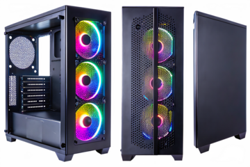 Computer case with rainbow fans isolated on a transparent background.PNG