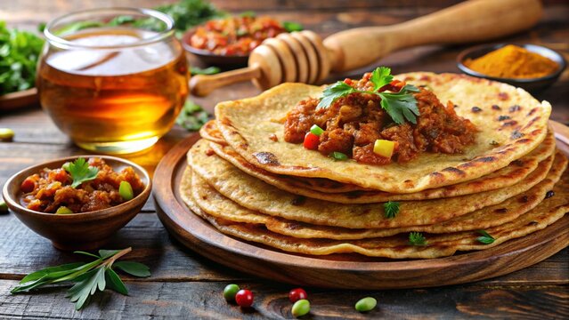 Ethiopian chechebsa &mdash; torn flatbread fried with spices and butter, served with honey on a traditional plate.