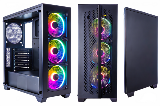 Computer case with rainbow fans isolated on a transparent background