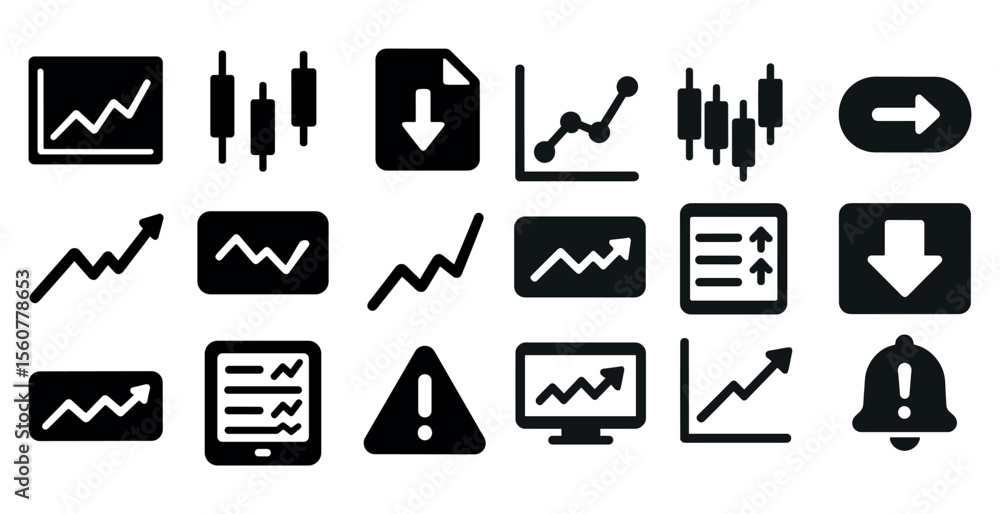 Poster collection of black and white icons including a bell, a down arrow, a down arrow with a red circle, 