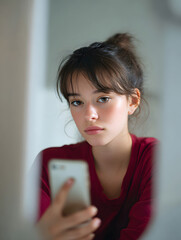Young person focused on smartphone with serious expression Generative AI