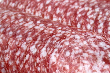 Texture of salami sausage, top view.