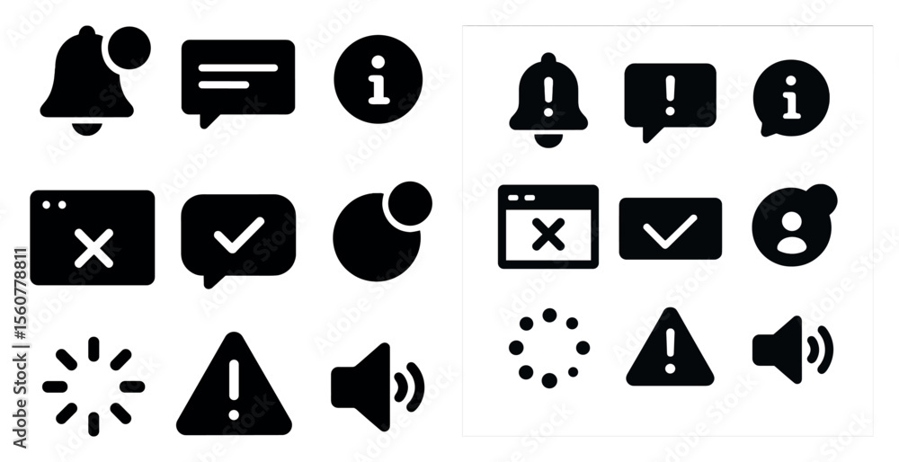 Poster set of icons for various communication and notification purposes. the icons include a bell, a check 
