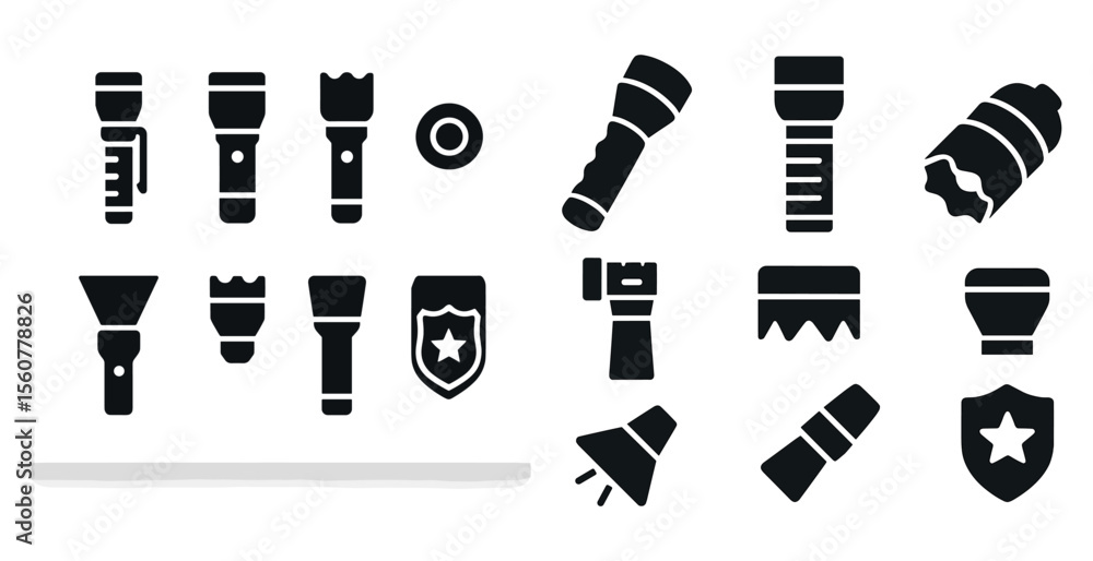 Poster collection of black and white flashlights and other light sources. the flashlights are of various si