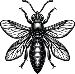 Intricate Black and White Illustration of a Bee