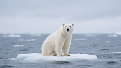 A magnificent polar bear sits on a small ice floe in the cold Arctic waters, looking towards the camera with piercing eyes against the backdrop of icebergs and a gray sky .