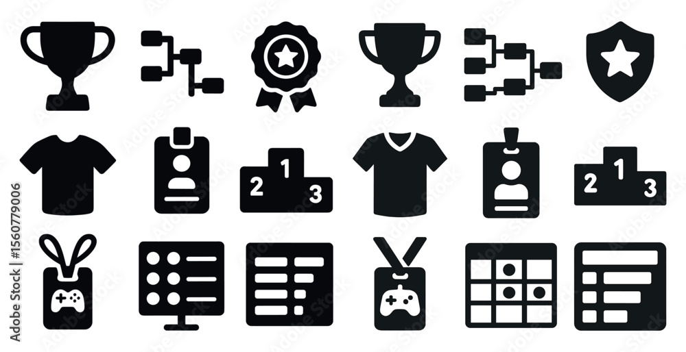 Poster collection of black and white icons that represent various items and achievements. the icons include